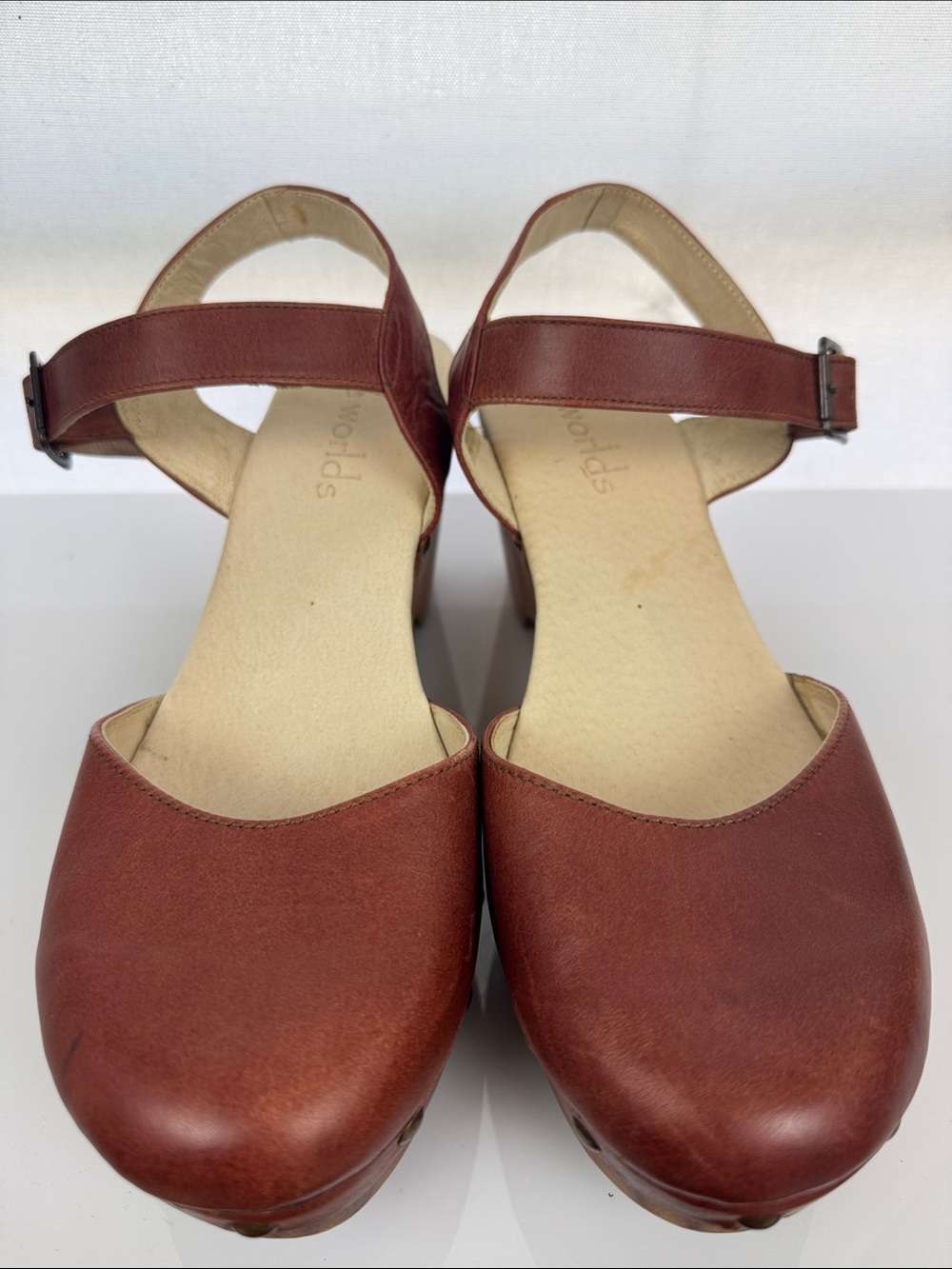 Five Worlds Women's Brown Leather Mary Jane Clog wood Heels studded 10 EUC - Picture 3 of 9